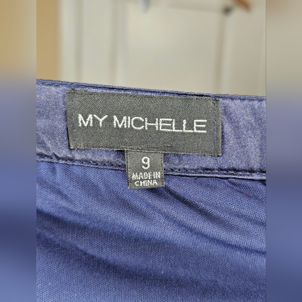 My Michelle Navy Blue Metallic Skirt with Lace & Chiffon Hem โ Formal Size 9 - Picture 4 of 7